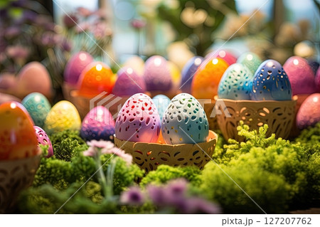 Easter eggs on green grass at sunny day. Ai Generative 127207762