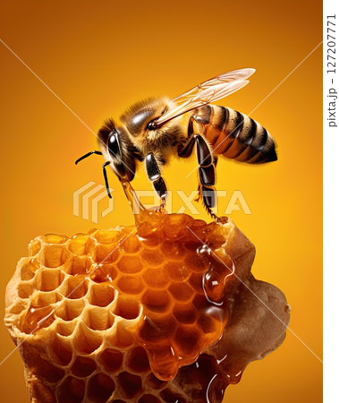 Bee producing honey in honeycomb. Closeup macro image. Generative Ai Bee producing honey in honeycomb. Closeup macro image. Generative Ai 127207771