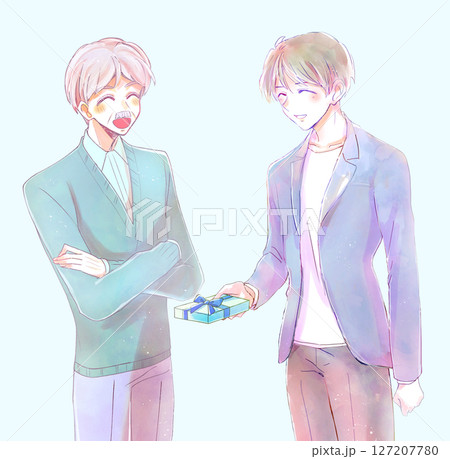 年配の男性とプレゼントを持つ男性 127207780