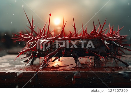 Crown of thorns covered in blood. Crucifixion of Jesus Christ. Generative Ai Crown of thorns covered in blood. Crucifixion of Jesus Christ. Generative Ai 127207899