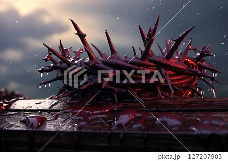 Crown of thorns covered in blood. Crucifixion of Jesus Christ. Generative Ai 127207903