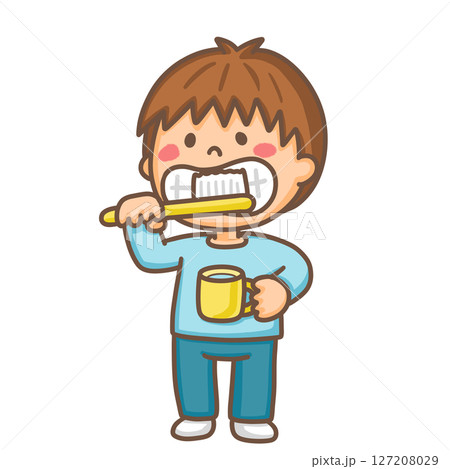 コップを持ちながら歯を磨く男の子 コップを持ちながら歯を磨く男の子 127208029