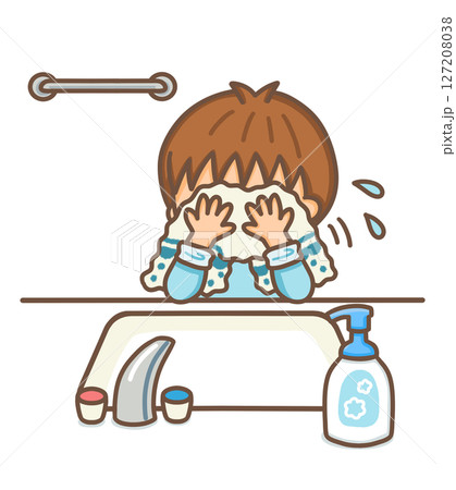 日本の洗面所の水をつかって顔を洗う男の子 127208038