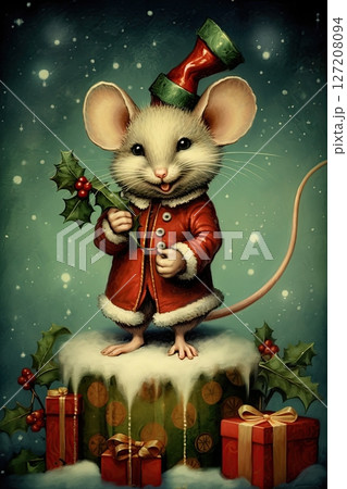 Christmas Mouse postcard. Vintage art style design. Ai Generative 127208094