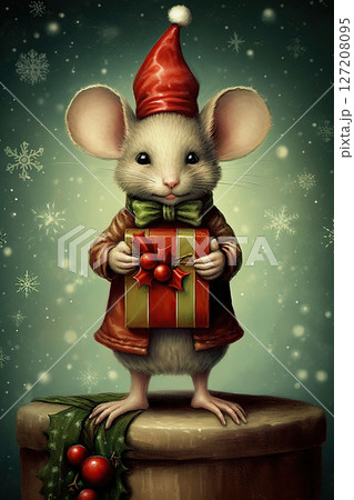 Christmas Mouse postcard. Vintage art style design. Ai Generative 127208095