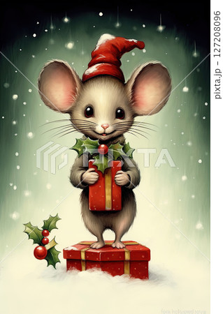 Christmas Mouse postcard. Vintage art style design. Ai Generative 127208096