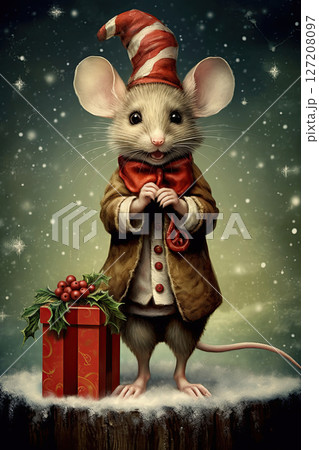 Christmas Mouse postcard. Vintage art style design. Ai Generative 127208097