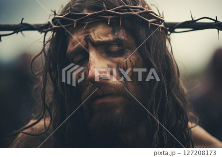 Jesus Christ wearing Crown of Thorns. Crucifixion of Christ the son of God. Generative Ai 127208173