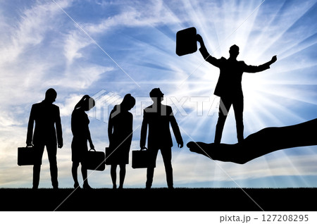 Sad crowd of potential candidates and boss hand who chose a man for the position 127208295