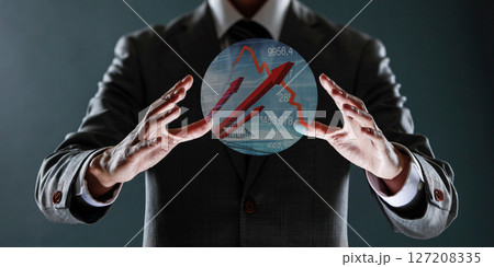 businessman with financial symbols coming from hand, stock markets concept. 127208335