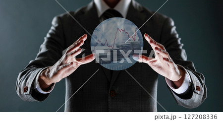 businessman with financial symbols coming from hand, stock markets concept. businessman with financial symbols coming from hand, stock markets concept. 127208336
