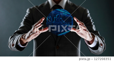 businessman with financial symbols coming from hand, stock markets concept. businessman with financial symbols coming from hand, stock markets concept. 127208351