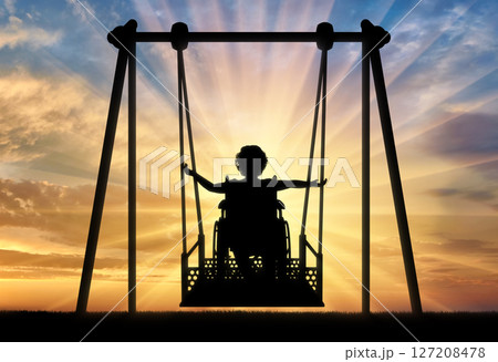 Happy child is disabled in a wheelchair on an adaptive swing for disabled children 127208478