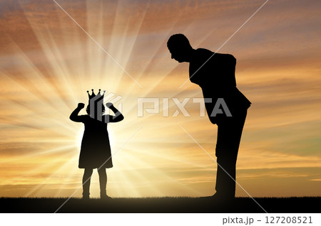 Childish selfishness. Dissatisfied parent dad and selfish child girl with crown screaming and being naughty Childish selfishness. Dissatisfied parent dad and selfish child girl with crown screaming and being naughty 127208521