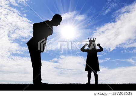 Childish selfishness. Dissatisfied parent dad and selfish child girl with crown is naughty Childish selfishness. Dissatisfied parent dad and selfish child girl with crown is naughty 127208522