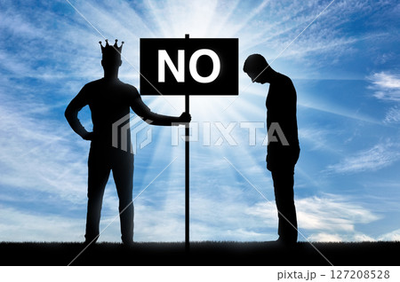 Selfishness. Selfish man with a crown on his head, holding a poster with the word no and an upset other man nearby Selfishness. Selfish man with a crown on his head, holding a poster with the word no and an upset other man nearby 127208528
