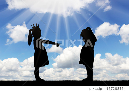 School bullying. Girl points finger at another crying girl. 127208534