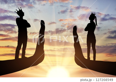 Selfishness and arrogance. Arrogant people, woman and man with crown standing on stop hand gesture. 127208549