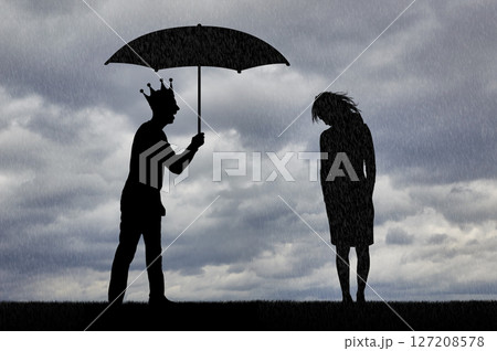 Selfishness and sexism. Selfish man with a crown holding an umbrella laughs at an upset woman in the rain Selfishness and sexism. Selfish man with a crown holding an umbrella laughs at an upset woman in the rain 127208578