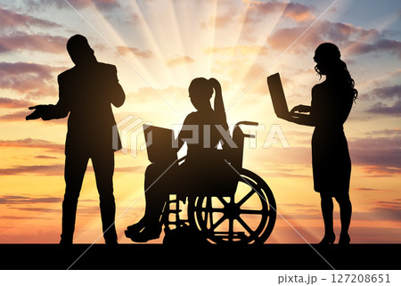 Empowering silhouettes of diverse professionals working at sunset showcasing inclusivity and opportunity 127208651