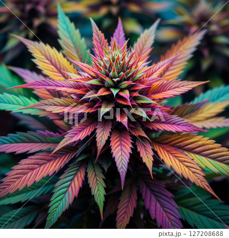 Close-Up of Cannabis Leaf With Vibrant Multicolored Tones. 127208688