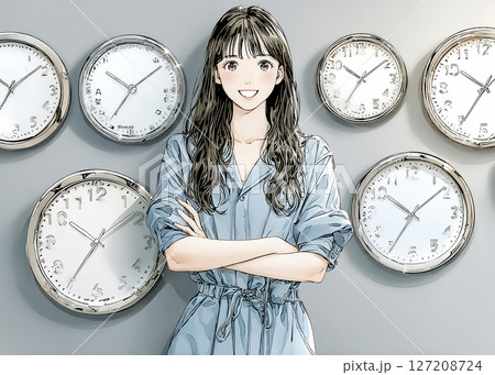 世界各地の標準時間の時計の前に立つ笑顔の女性のイラスト素材 127208724
