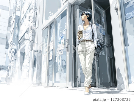 コーヒーを片手に歩くビジネスウーマンのイラスト素材　通勤 127208725