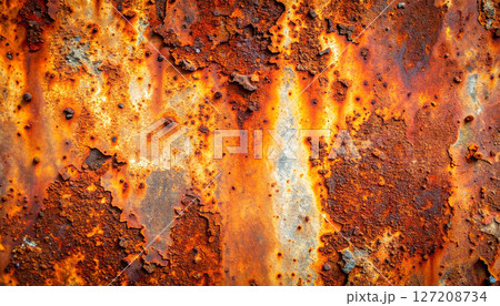 rusty metal texture background, a rusty, oxidized metal surface with vivid orange and brown tones, showcasing a grunge texture ideal for backgrounds and industrial design 127208734