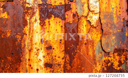 rusty metal texture background, a rusty, oxidized metal surface with vivid orange and brown tones, showcasing a grunge texture ideal for backgrounds and industrial design 127208735