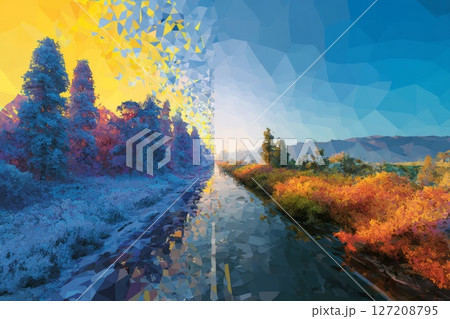 Abstract Landscape Depicting Seasonal Split With Vibrant Colors and Artistic Style. 127208795