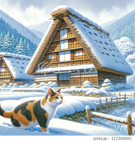 白川郷散策　雪景色の合掌造りの民家　旅猫みやおシリーズvol.4　Generative　AI 127208802