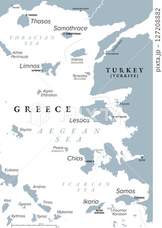 Greek North Aegean Islands, gray political map. The Northeastern Aegean Islands do not form a physical chain or group, but are frequently grouped together for tourist or administrative purposes. Greek North Aegean Islands, gray political map. The Northeastern Aegean Islands do not form a physical chain or group, but are frequently grouped together for tourist or administrative purposes. 127208882