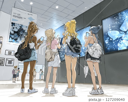 NFTアート展を鑑賞する若者たちのイラスト素材 127209040