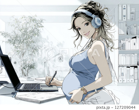 働く妊婦の女性のイラスト素材 デスクワーク 働く妊婦の女性のイラスト素材 デスクワーク 127209044