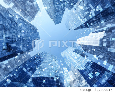 サイバー空間で高層ビルを見上げたイメージ素材 サイバー空間で高層ビルを見上げたイメージ素材 127209047