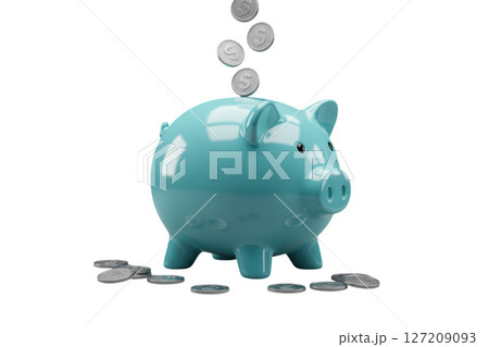 Blue piggy bank with silver coins falling into slot and scattered around 127209093
