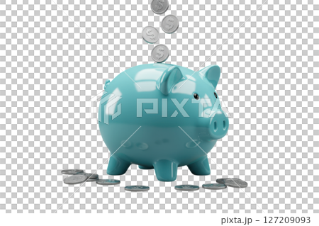Blue piggy bank with silver coins falling into slot and scattered around 127209093