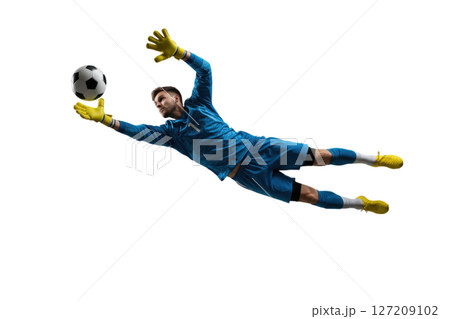 Male soccer goalkeeper diving to catch football isolated on transparent background Male soccer goalkeeper diving to catch football isolated on transparent background 127209102