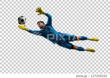 Male soccer goalkeeper diving to catch football isolated on transparent background Male soccer goalkeeper diving to catch football isolated on transparent background 127209102