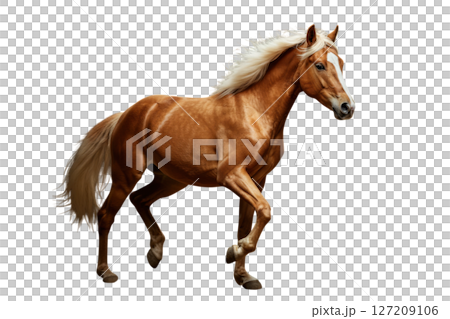 Beautiful light brown horse walking on transparent background 127209106
