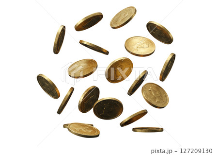 Shiny gold coins falling and scattering representing wealth and success Shiny gold coins falling and scattering representing wealth and success 127209130