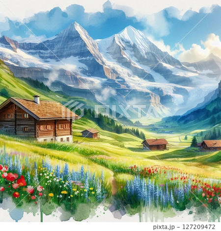 ユングフラウ山を背にする夏のアルプス 127209472