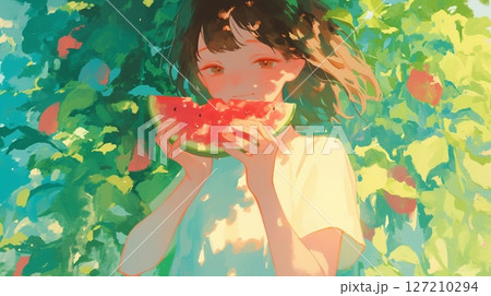 スイカを食べる子ども 127210294