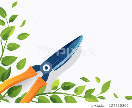 Pruning shears with bright orange handles trimming green foliage, placed creatively on a clean white background with space for text, perfect for gardening themes. 127210302