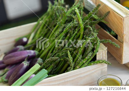 Fresh vegetables sparrowgrass and verrines on a catering table for a wedding or birthday 127210844
