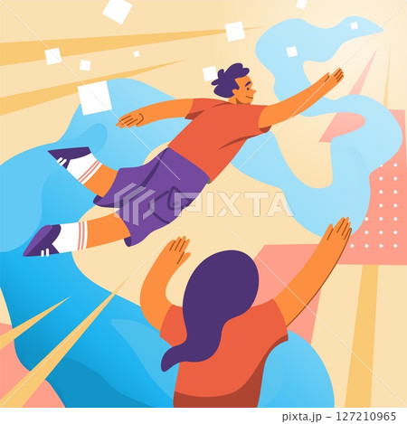 Flying people. Happy man and woman in space, abstract colorful background. Achieve goal. Imagination and inspiration, symbol of freedom, dreaming person vector cartoon flat illustration 127210965