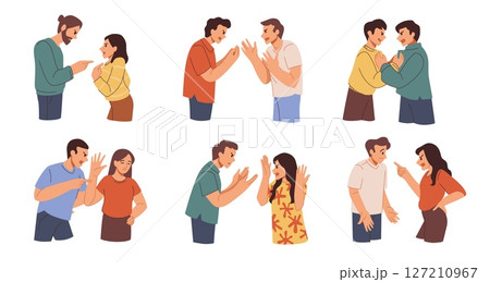 Angry people. Couple conflict. Bad quarrel or aggressive friends talk. Woman in relationships. Misunderstanding and divorce. Man shouting blames. Yelling furious persons vector set Angry people. Couple conflict. Bad quarrel or aggressive friends talk. Woman in relationships. Misunderstanding and divorce. Man shouting blames. Yelling furious persons vector set 127210967