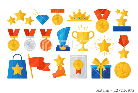 Award icon. Trophy prize, win medal or reward winner symbol. Honor, victory first place cup, best success emblem. Tournament and sport competition goblet. Vector flat isolated set 127210972