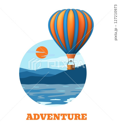 Hot air balloon. Adventure travel. Nature landscape. Wild rock valley. Mountain peaks scenery. Aerial transportation. Sky vehicle. Ballooning flight. Summer tourism. Journey vector banner Hot air balloon. Adventure travel. Nature landscape. Wild rock valley. Mountain peaks scenery. Aerial transportation. Sky vehicle. Ballooning flight. Summer tourism. Journey vector banner 127210973