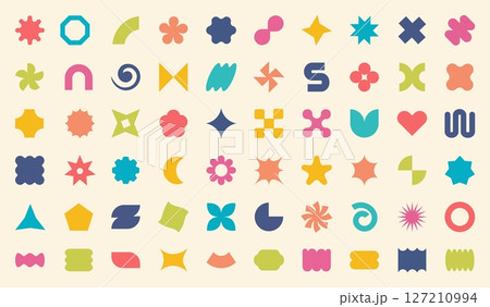 Abstract shapes. Sticker pattern elements, organic flower, star and geometric forms, heart and circle, icon silhouette, graphic label or geometry pop art, y2k frames. Vector design 127210994